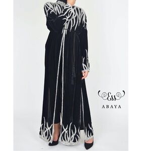 Black Velvet Abaya with Silver Embroidery